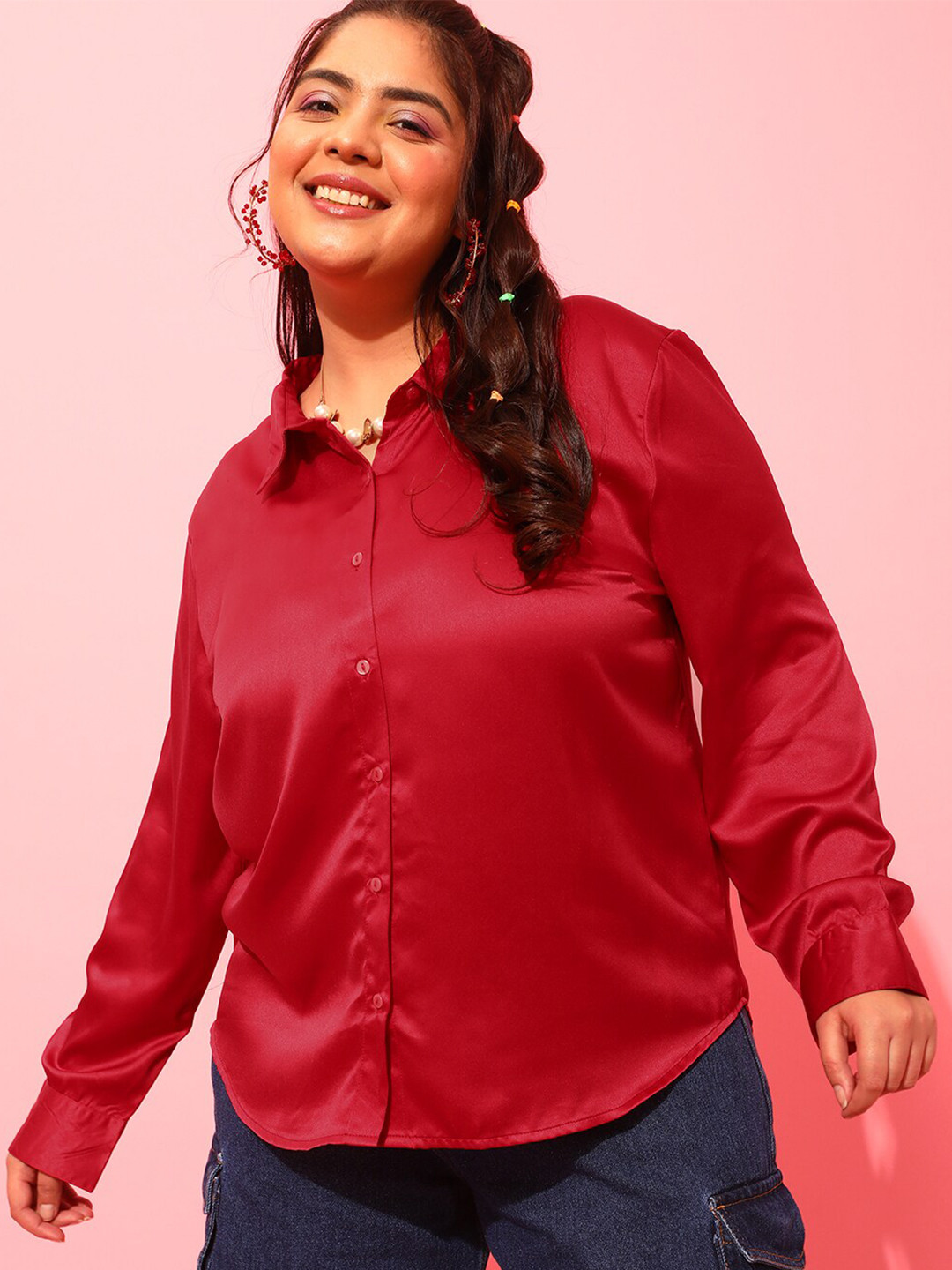 

CURVY STREET Plus Size Red Classic Satin Casual Shirt