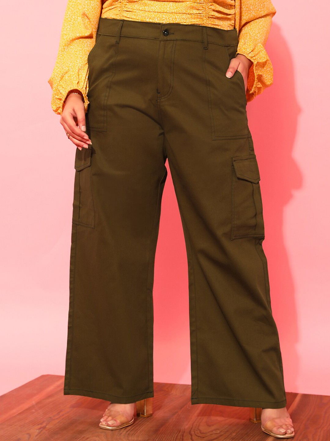 

CURVY STREET Women Plus Size Olive Green Relaxed Straight Leg Pure Cotton Trousers