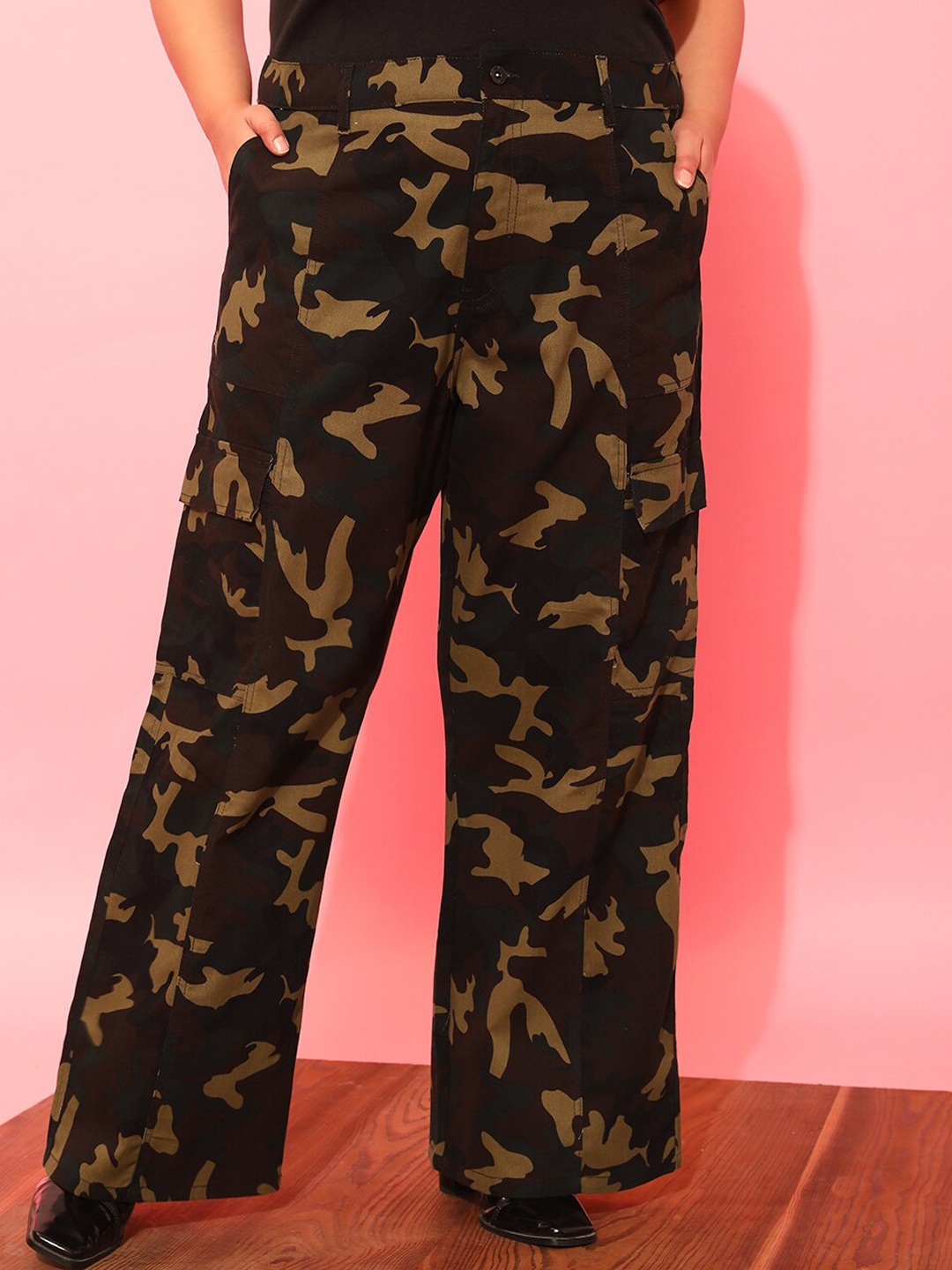 

CURVY STREET Women Plus Size Olive Green Printed Relaxed Straight Leg Pure Cotton Trousers