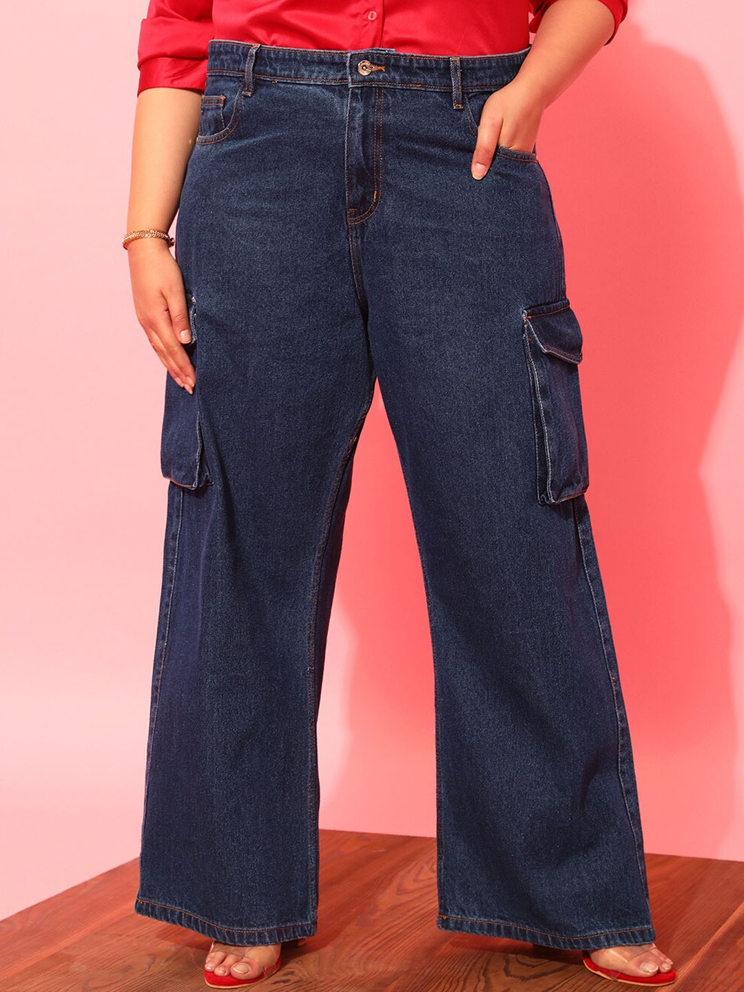 

CURVY STREET Women Plus Size Blue Jean Wide Leg Pure Cotton Cargo Jeans