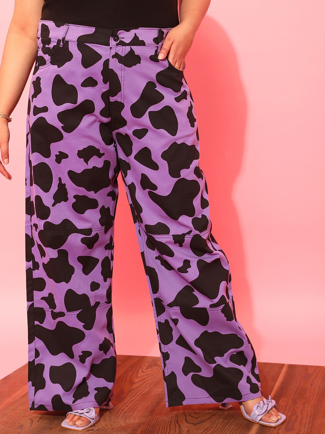 

CURVY STREET Women Plus Size Lavender Printed Relaxed Straight Leg Pure Cotton Trousers