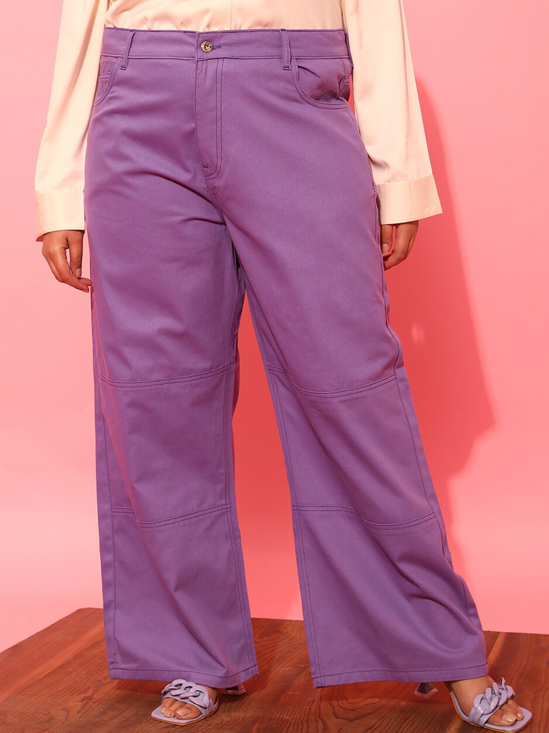 

CURVY STREET Women Plus Size Lavender Printed Relaxed Straight Leg Pure Cotton Trousers