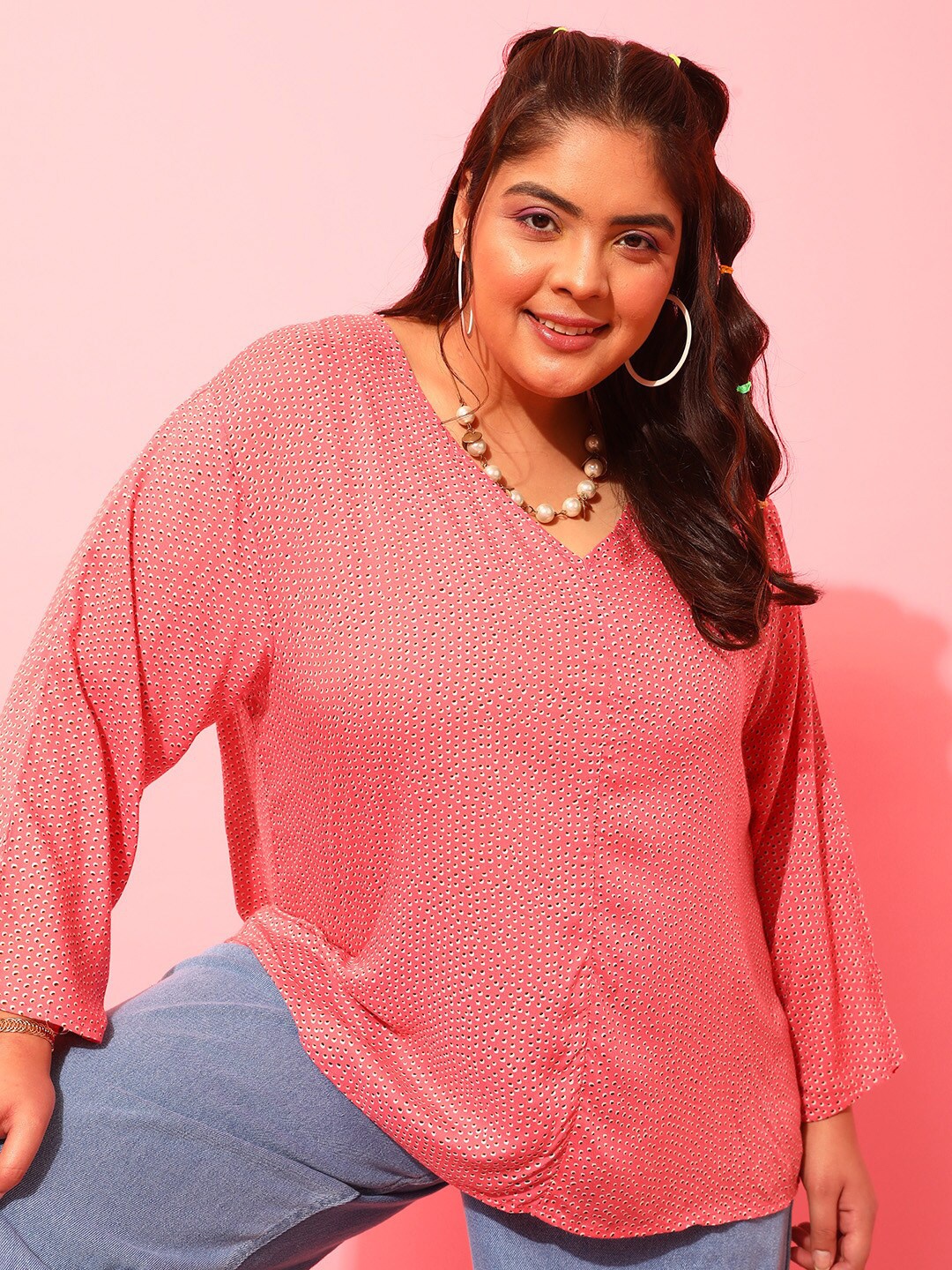 

CURVY STREET Pink Plus Size Polka Dots Printed V-Neck Crepe Top