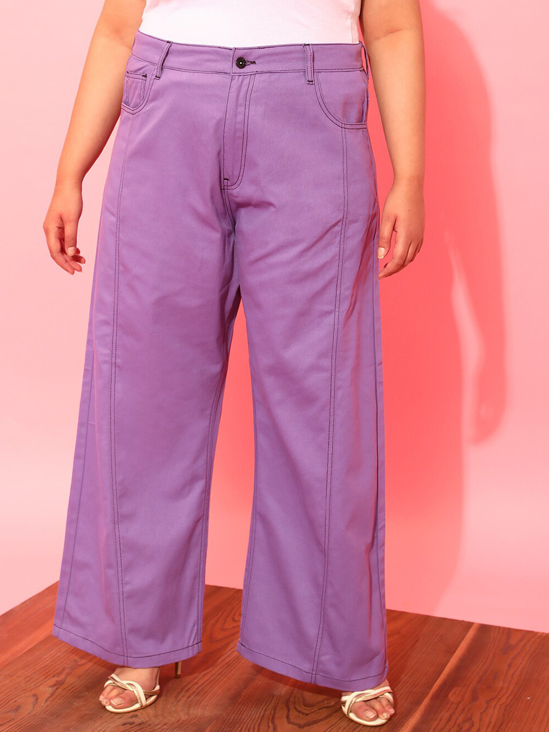 

CURVY STREET Women Plus Size Lavender Relaxed Straight Leg Pure Cotton Trousers