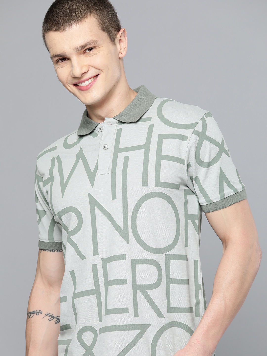 

HERE&NOW Men Typography Printed Polo Collar T-shirt, Grey