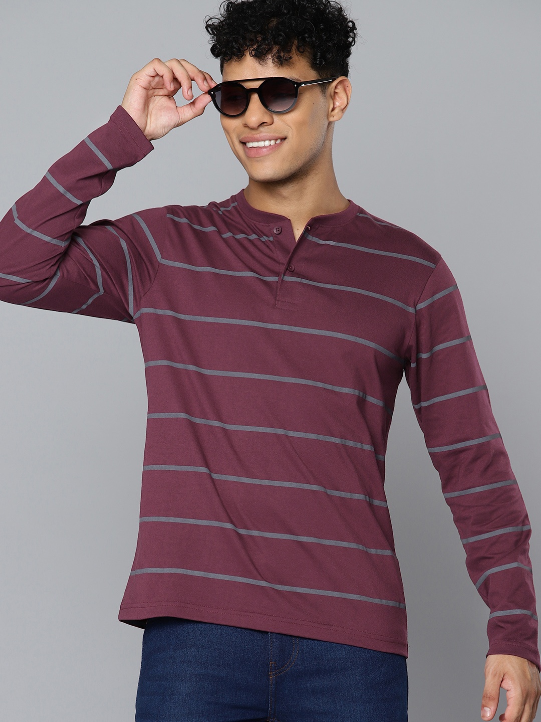 

HERE&NOW Striped Henley Neck T-shirt, Burgundy