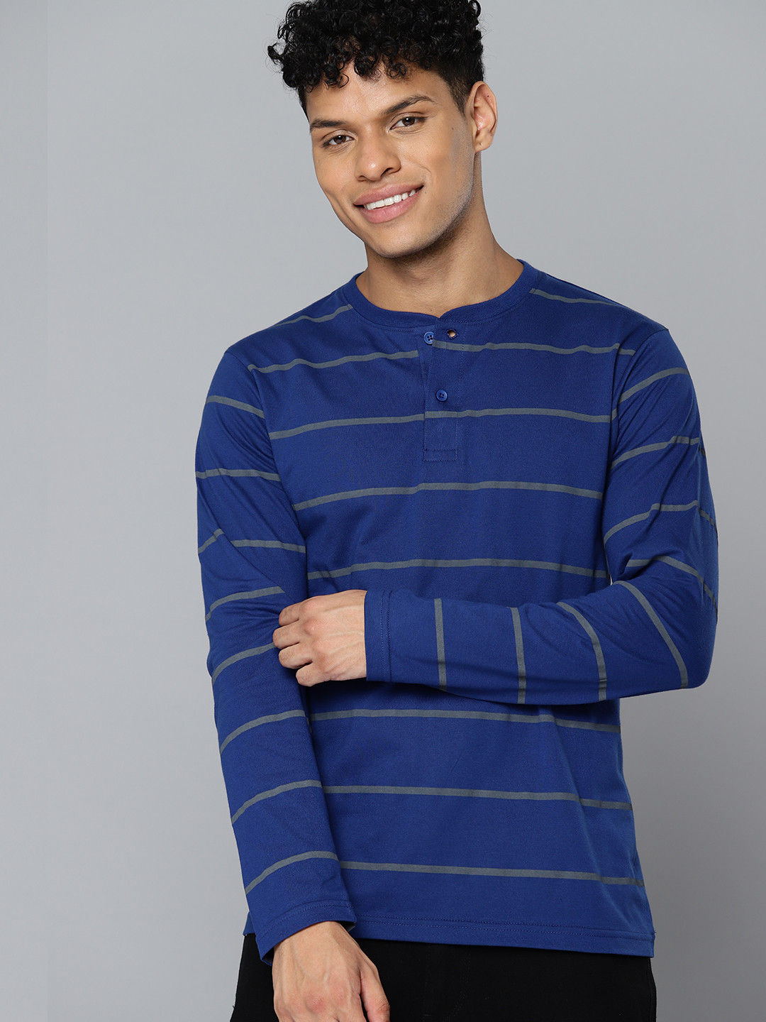 

HERE&NOW Striped Henley Neck T-shirt, Navy blue