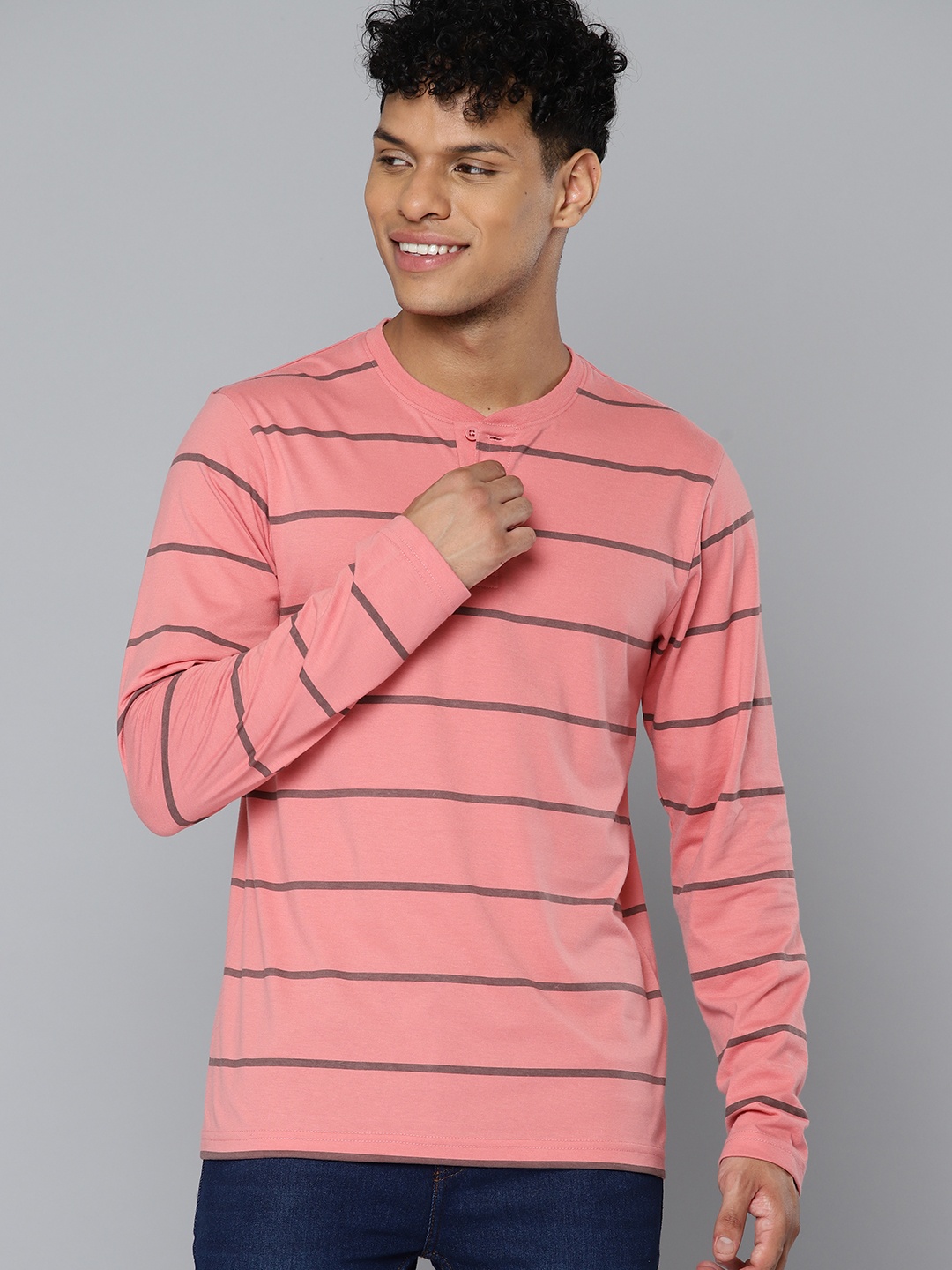 

HERE&NOW Striped Henley Neck T-shirt, Pink