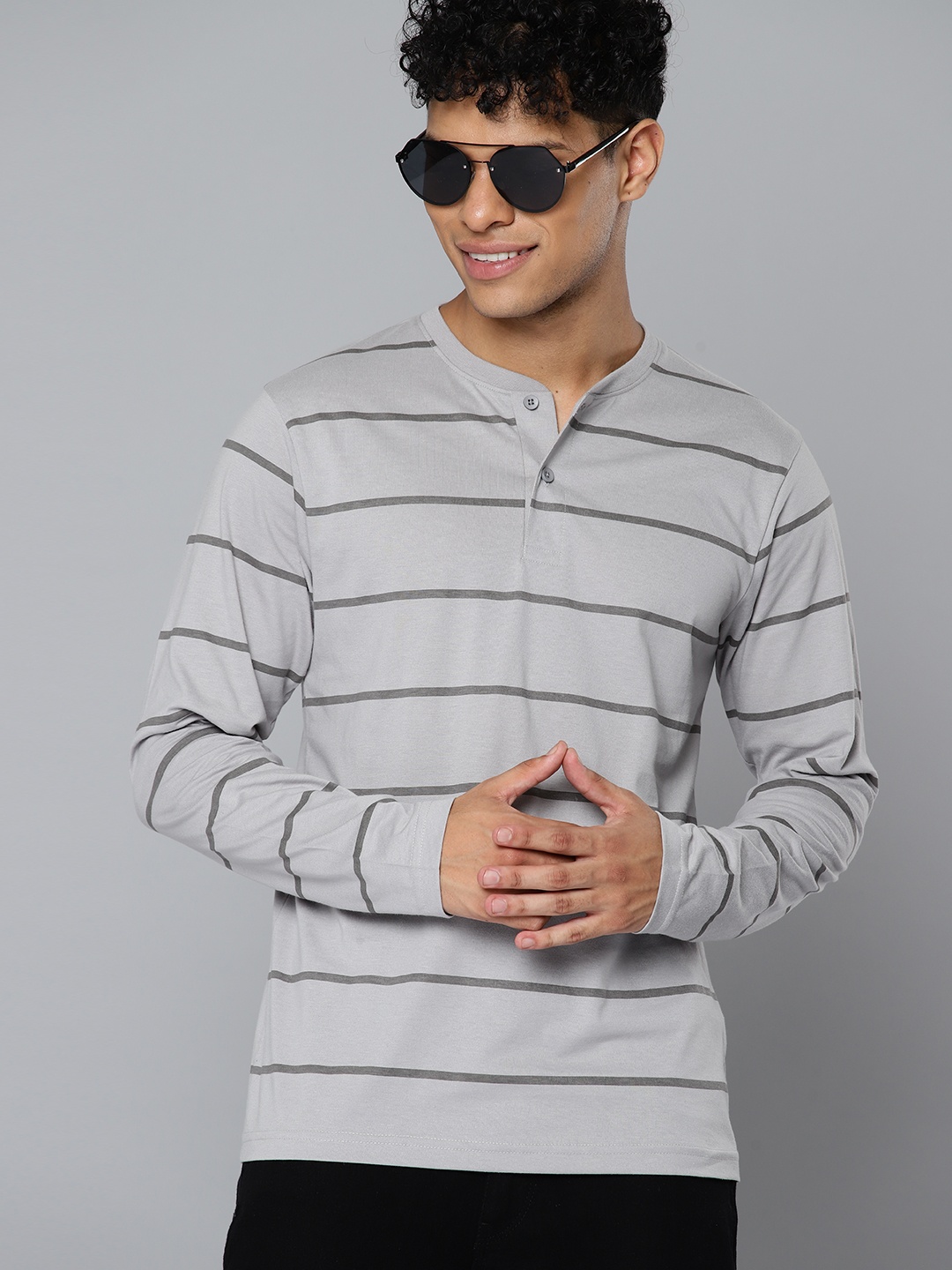 

HERE&NOW Striped Henley Neck T-shirt, Grey