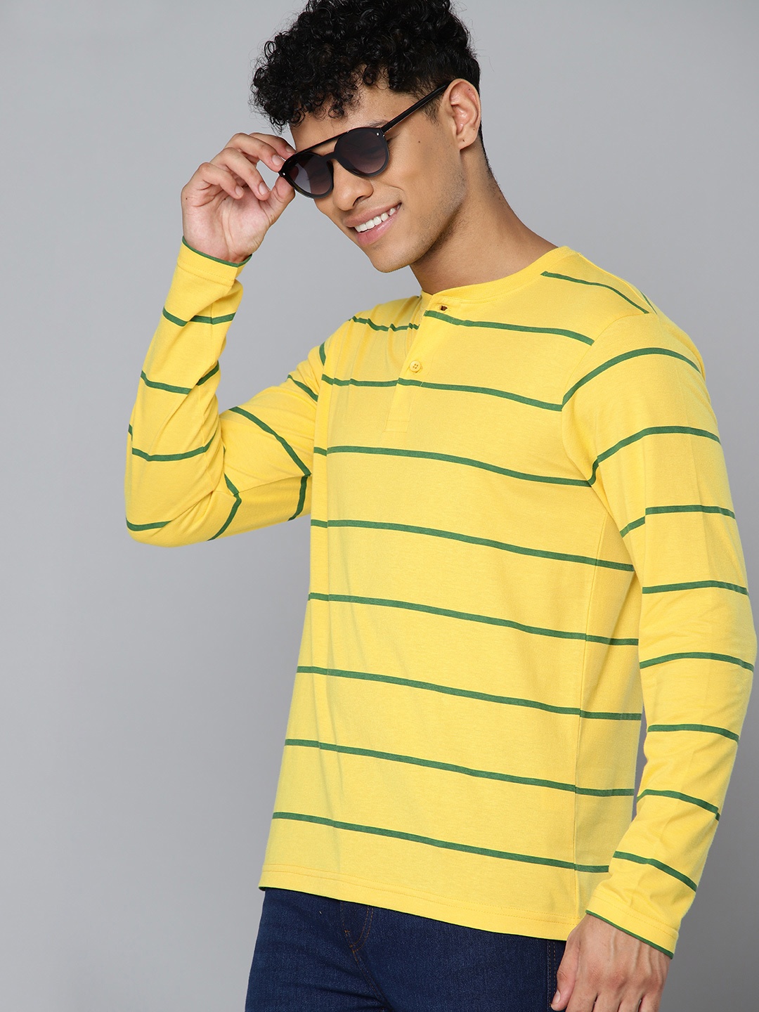 

HERE&NOW Striped Henley Neck T-shirt, Yellow