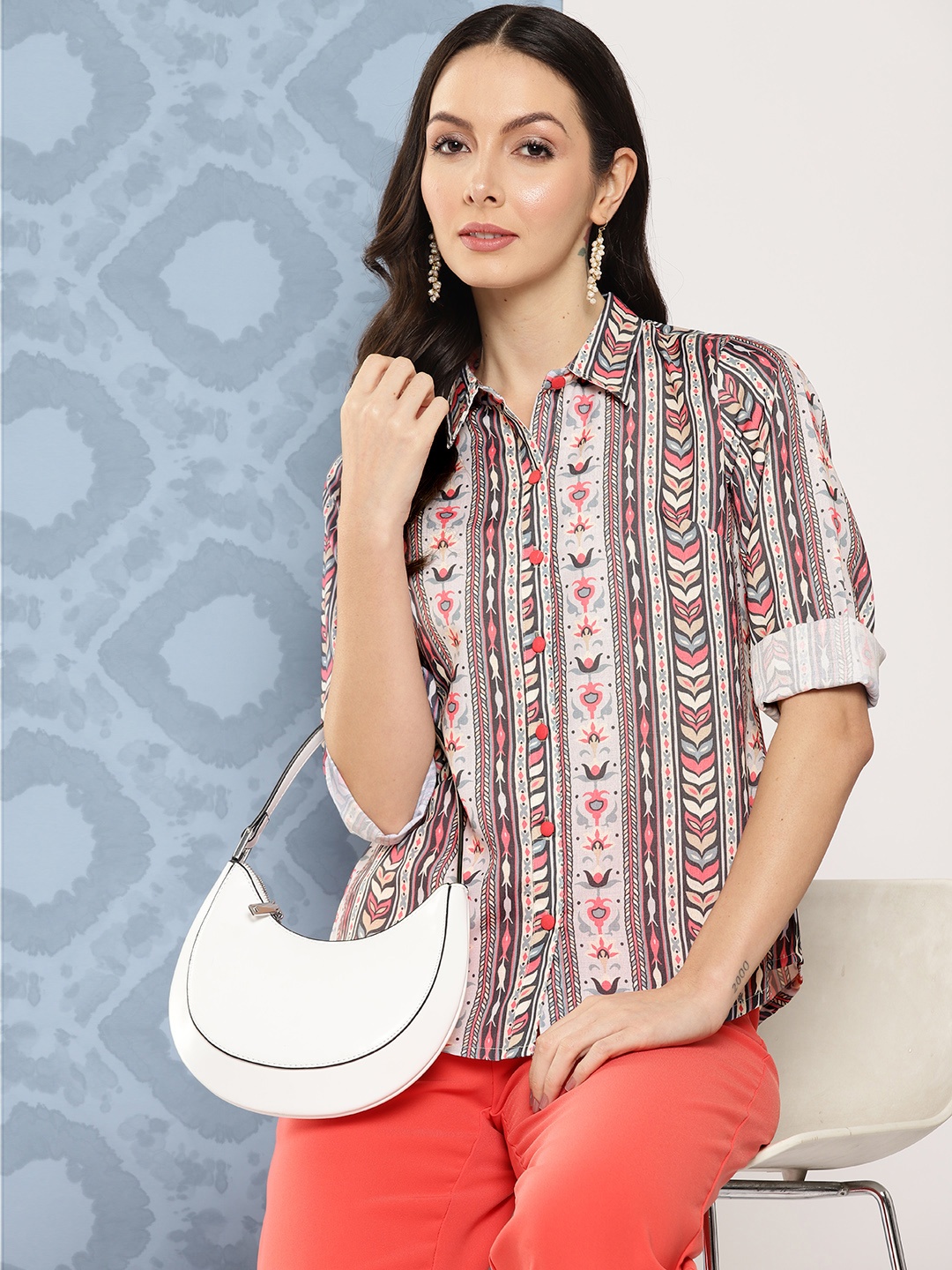 

Yufta Women Opaque Printed Casual Shirt, Off white