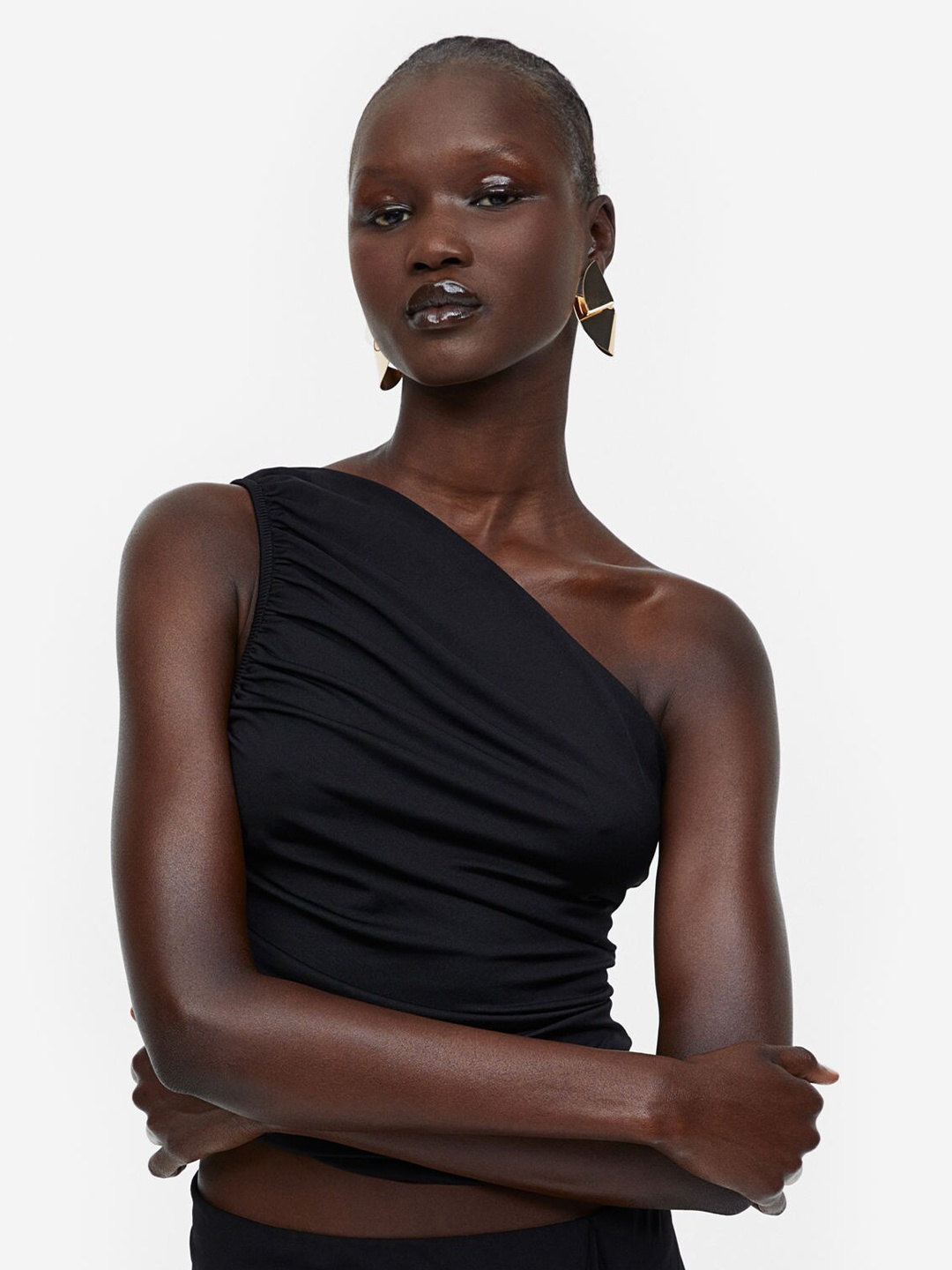 

H&M Draped One-Shoulder Top, Black