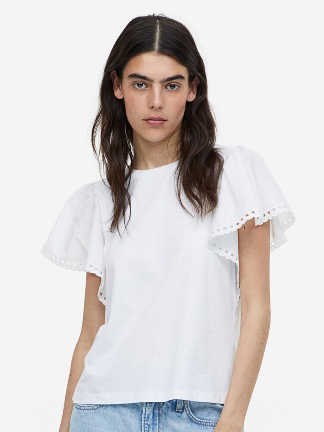 

H&M Butterfly-Sleeved Pure Cotton Top, White