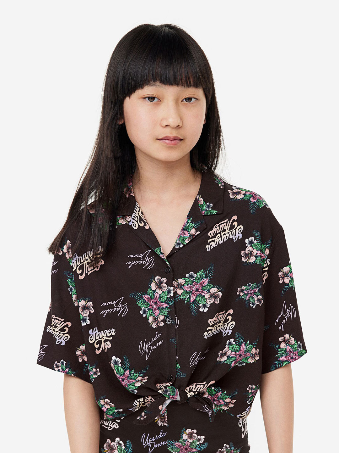 

H&M Girls Tie-Detail Printed Blouse, Black