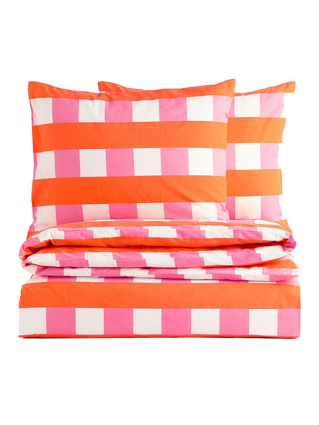 

H&M Pink & Orange Colored Checked Double Duvet Cover Set