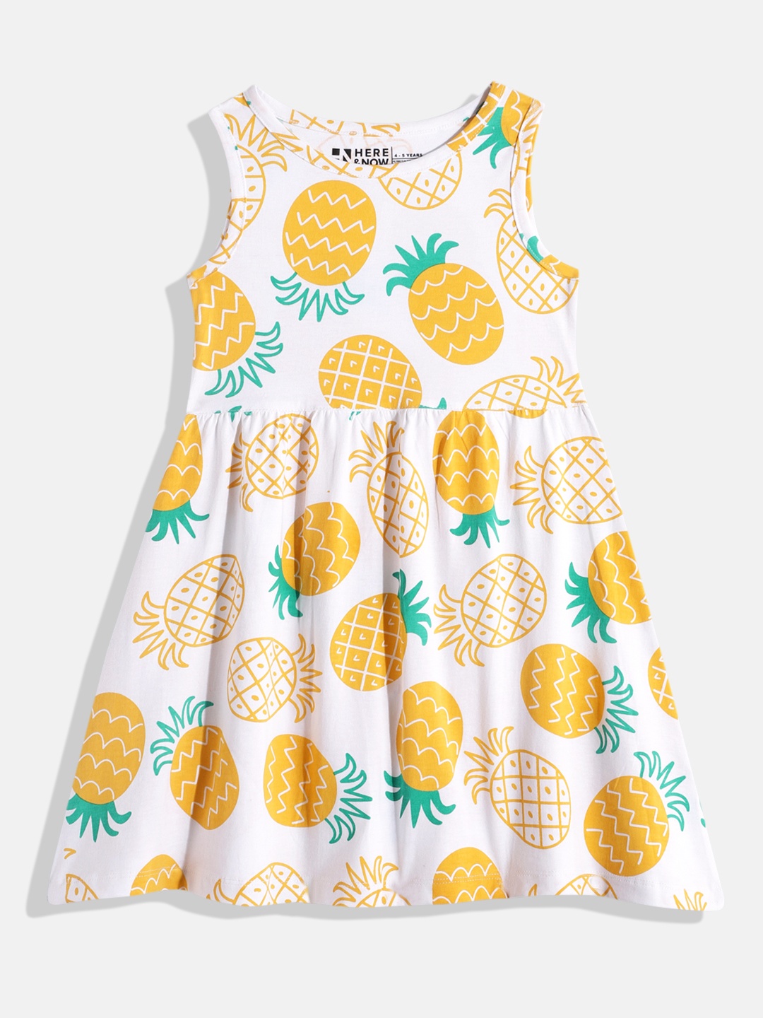 

HERE&NOW Girls Conversational Printed Pure Cotton Gathered Detail Fit & Flare Dress, White
