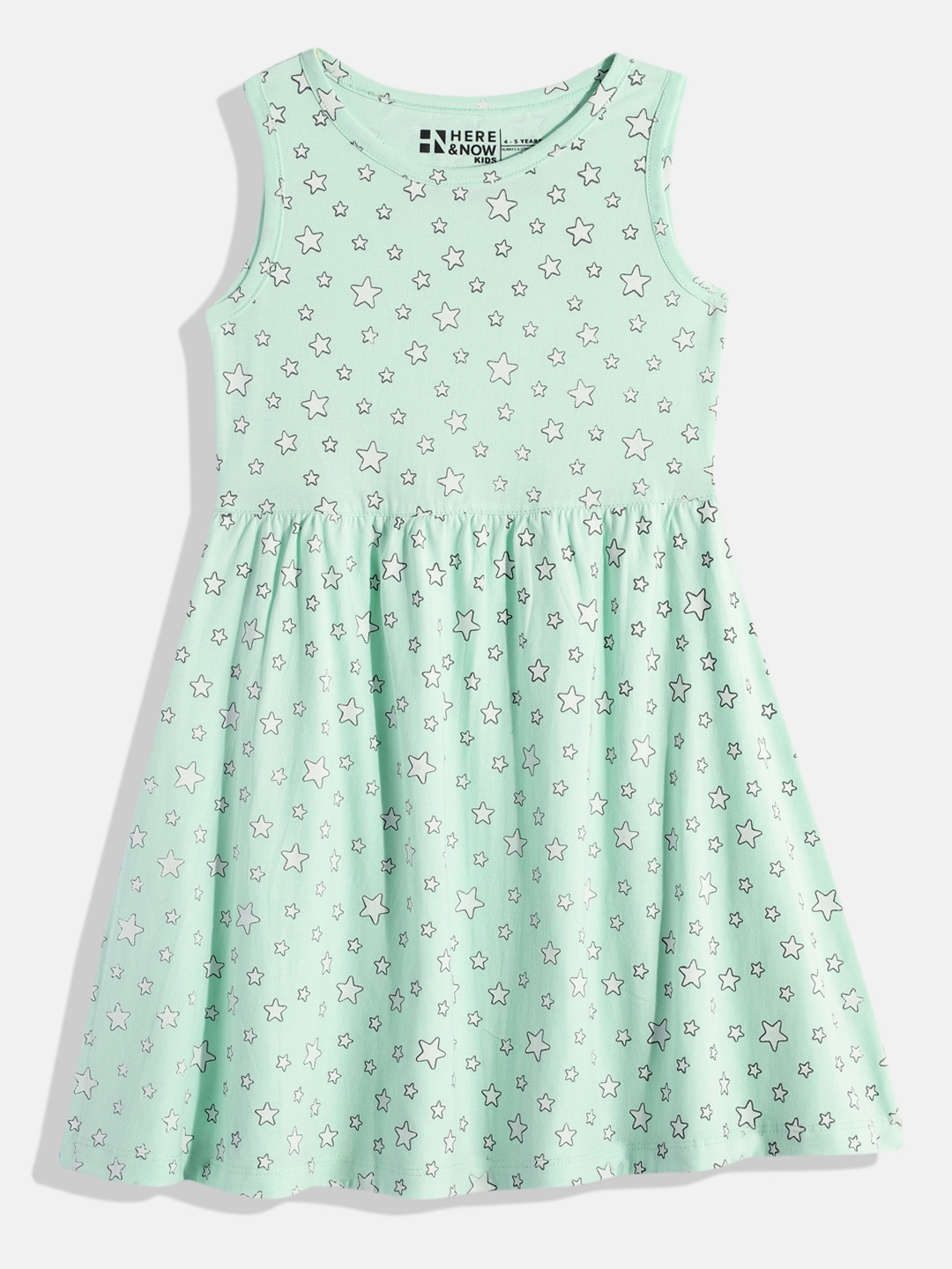 

HERE&NOW Girls Stars Printed Pure Cotton Gathered Detail Fit & Flare Dress, Green