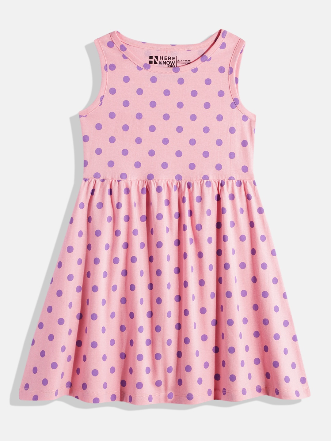 

HERE&NOW Girls Polka Dots Printed Pure Cotton Gathered Detail Fit & Flare Dress, Pink