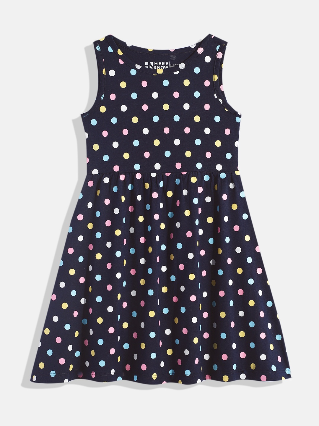 

HERE&NOW Girls Polka Dot Print Fit & Flare Dress, Navy blue