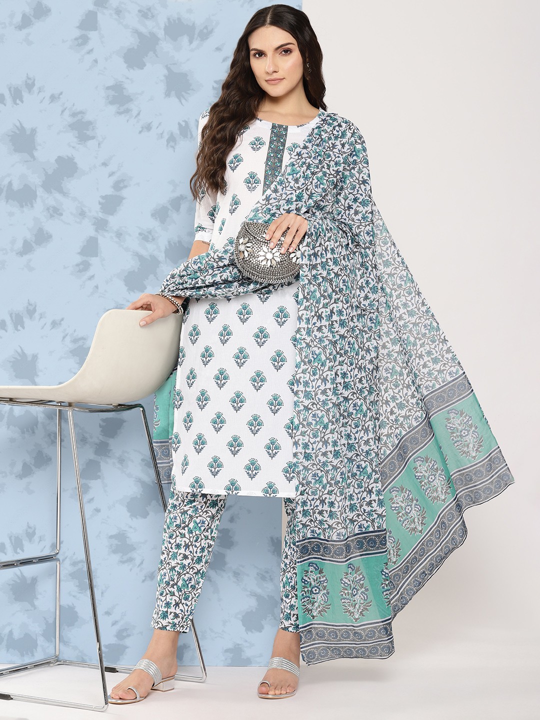 

Yufta Women Ethnic Motifs Printed Pure Cotton Kurta with Trousers & Dupatta, White