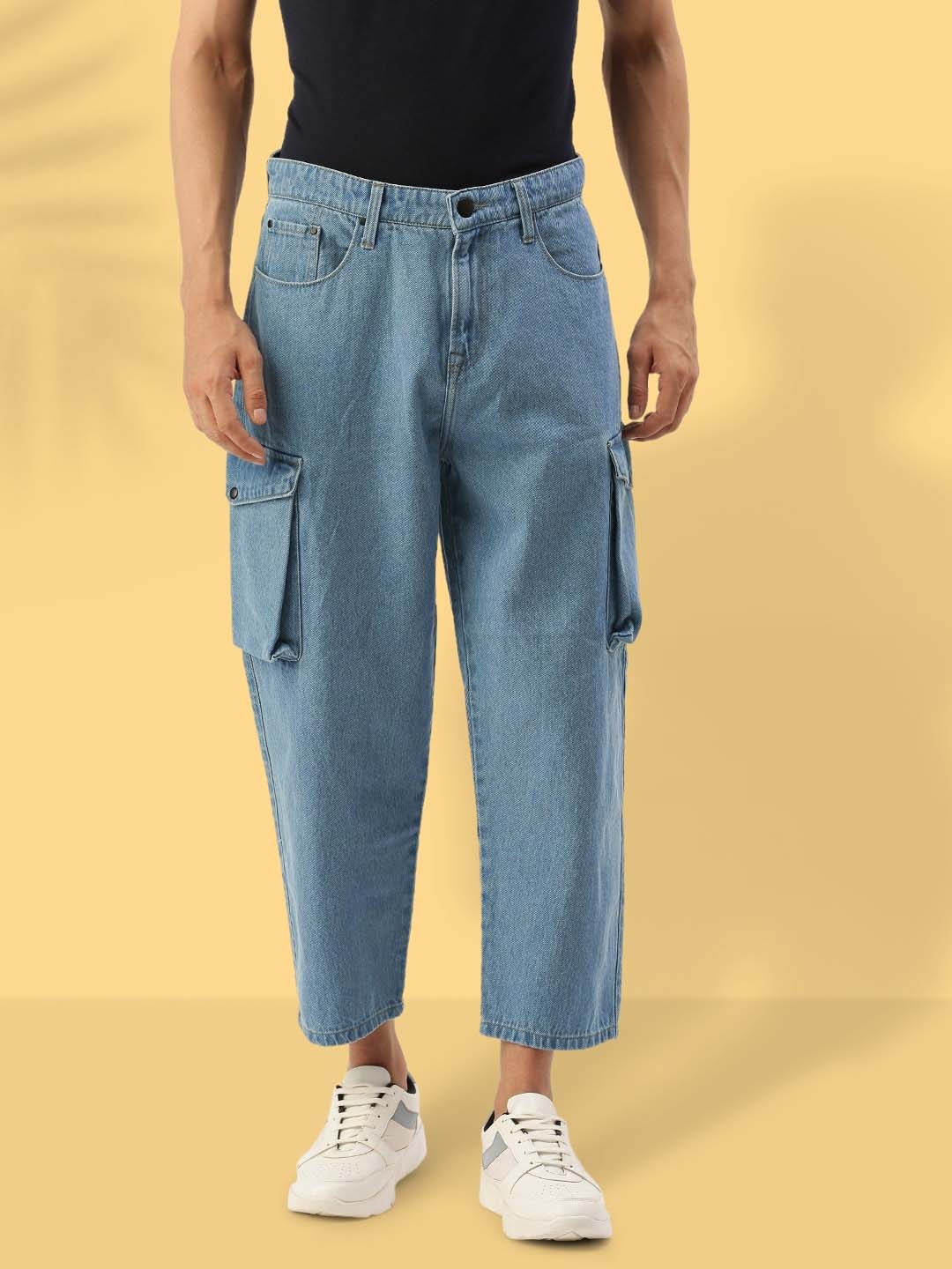 

Bene Kleed Men Pure Cotton Loose Crop Cargo Jeans, Blue