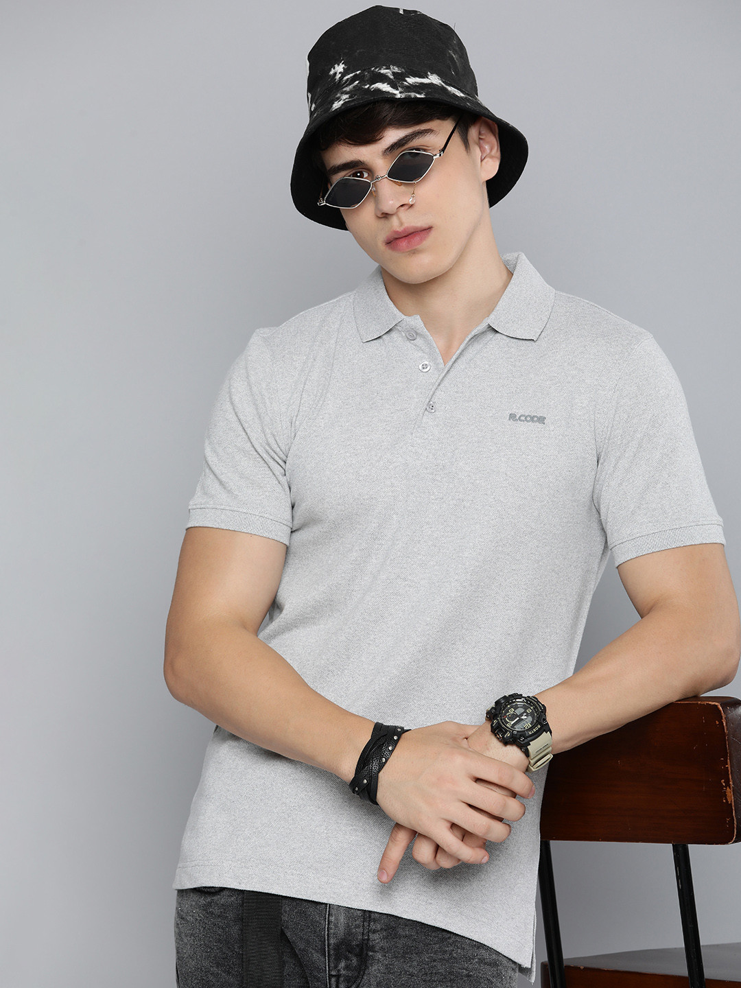 

R Code by The Roadster Life Co Men Polo Collar T-shirt, Grey