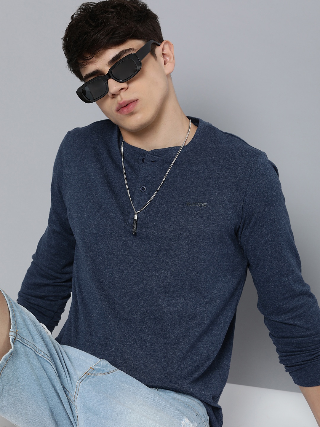 

R Code by The Roadster Life Co Men Henley Neck T-shirt, Navy blue