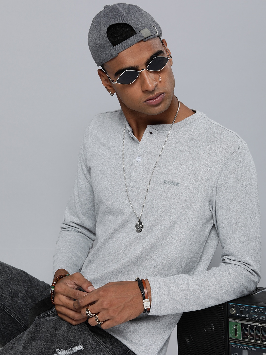 

R Code by The Roadster Life Co Men Henley Neck T-shirt, Grey