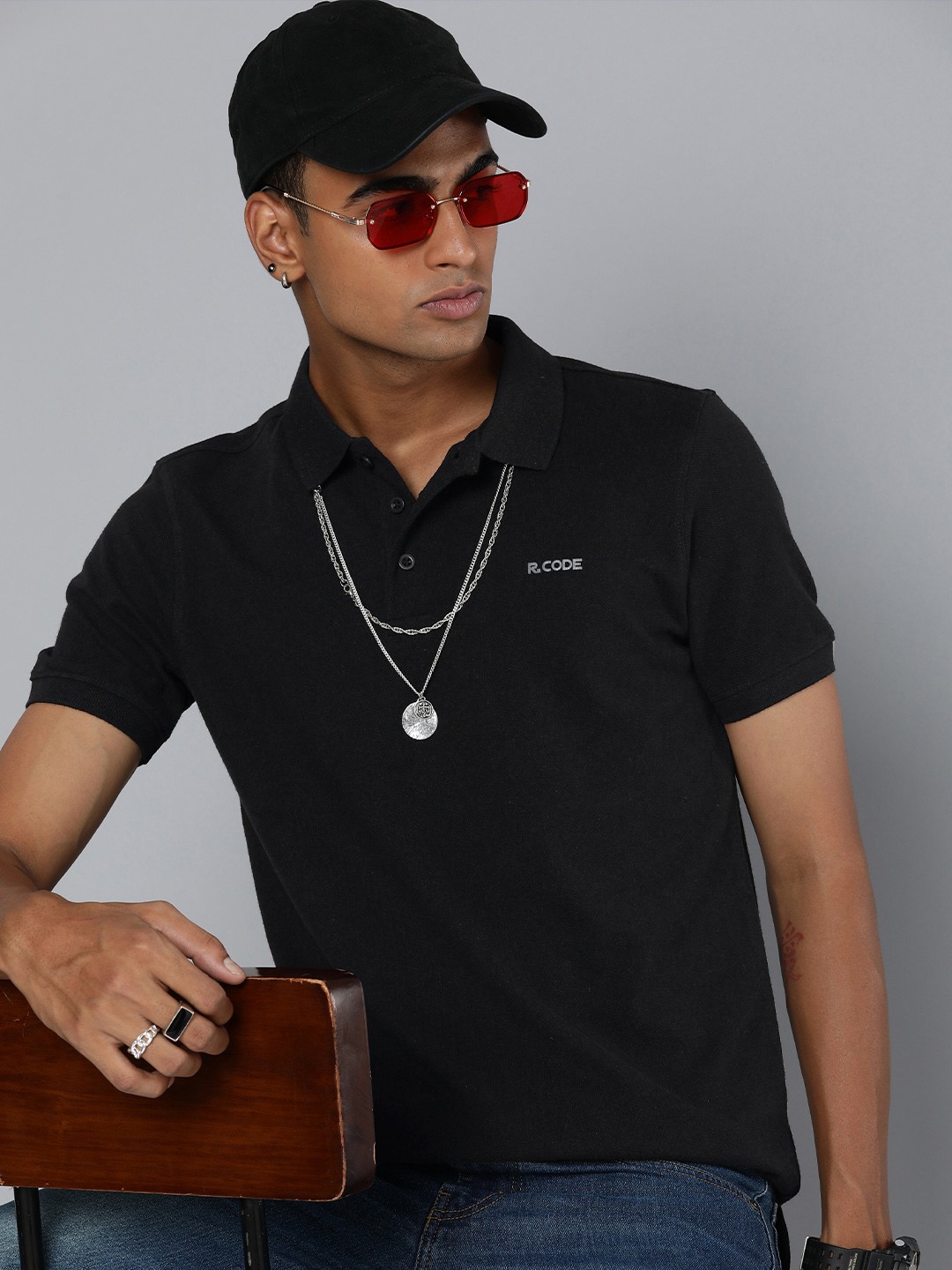 

R Code by The Roadster Life Co Men Polo Collar T-shirt, Black