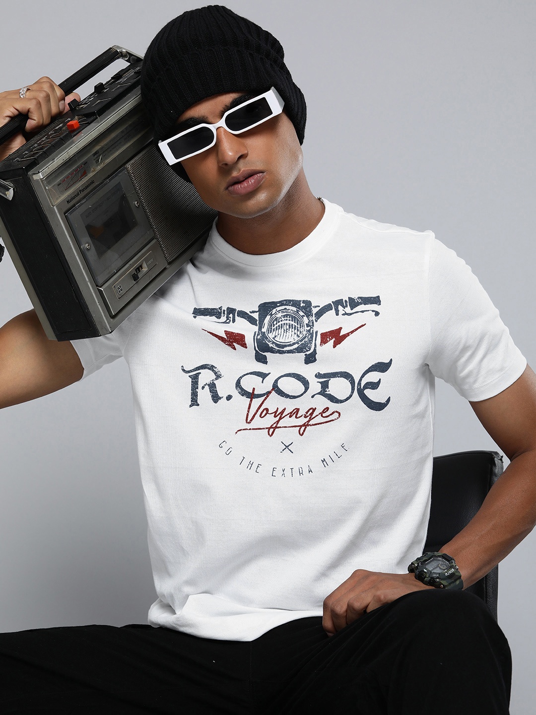 

R Code by The Roadster Life Co Men Brand Logo Printed T-shirt, White