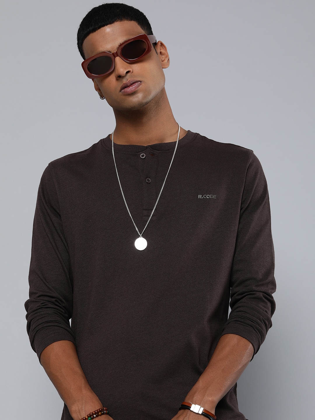 

R Code by The Roadster Life Co Men Henley Neck T-shirt, Brown