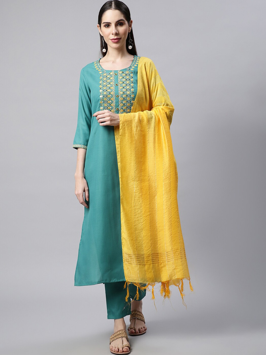

Sringam Geometric Yoke Design Mirror Work Kurta With Trousers & Dupatta, Green