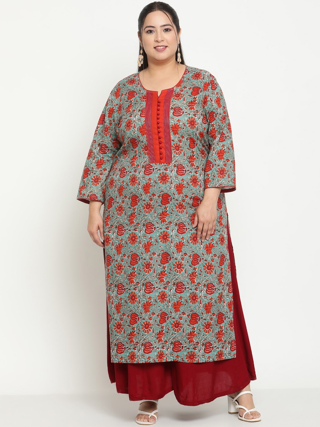 

Sringam Plus Size Notched Neck Floral Printed Pure Cotton Kurta, Green
