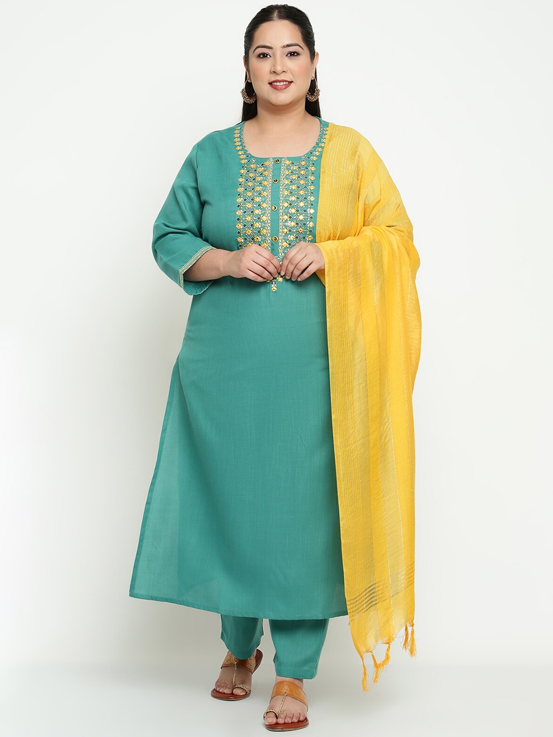 

Sringam Ethnic Motifs Embroidered Regular Thread Work Kurta With Trousers & With Dupatta, Green