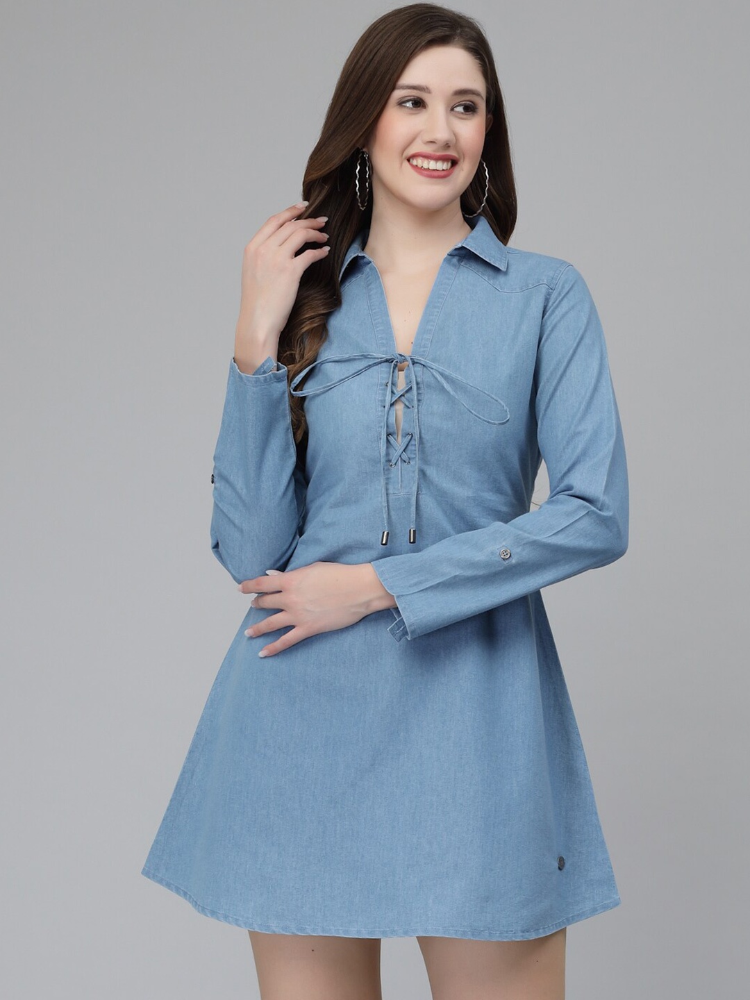 

Wool Trees Shirt Collar A-Line Mini Dress, Blue