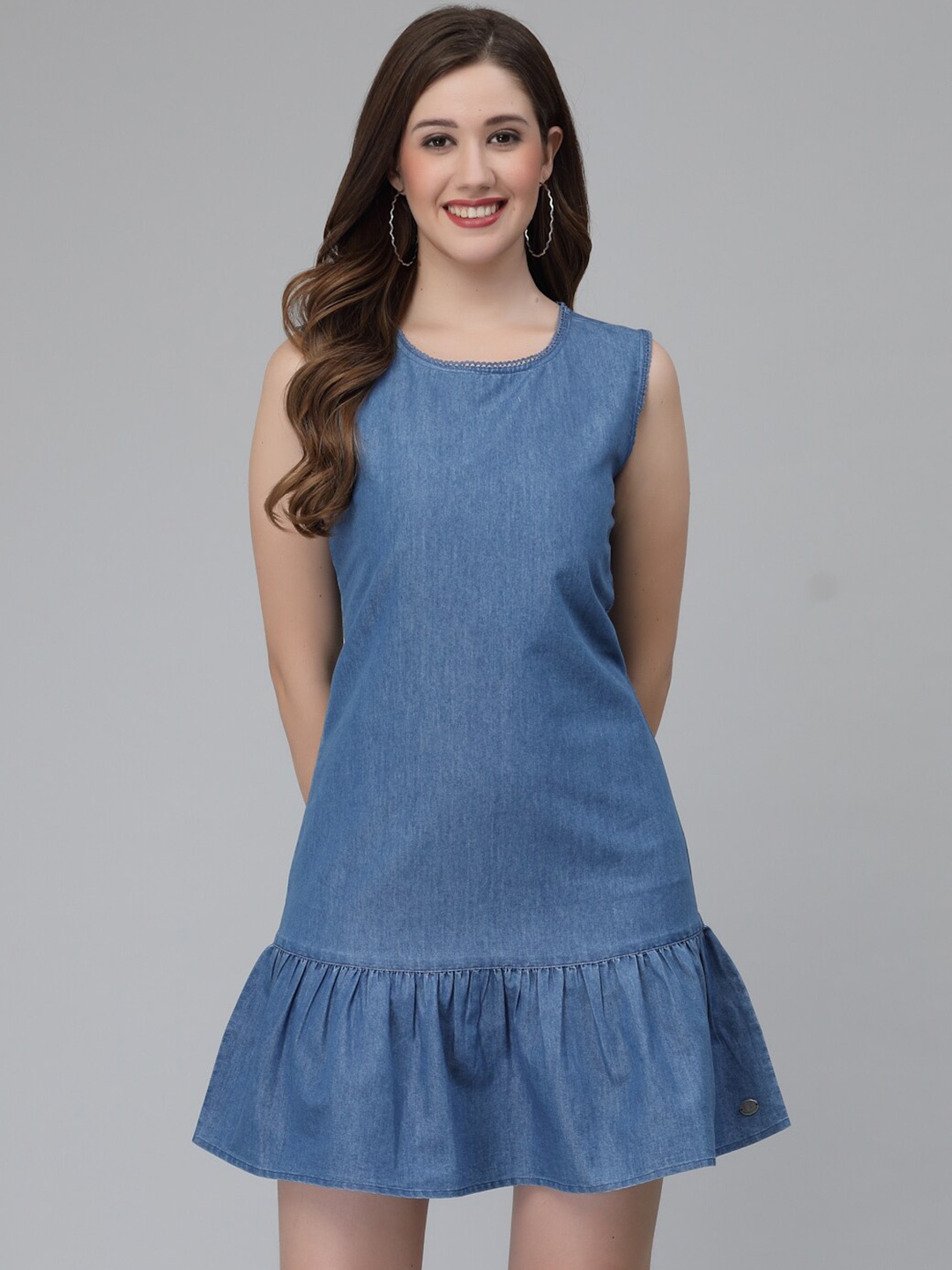 

Wool Trees Round Neck Drop-Waist Mini Dress, Blue