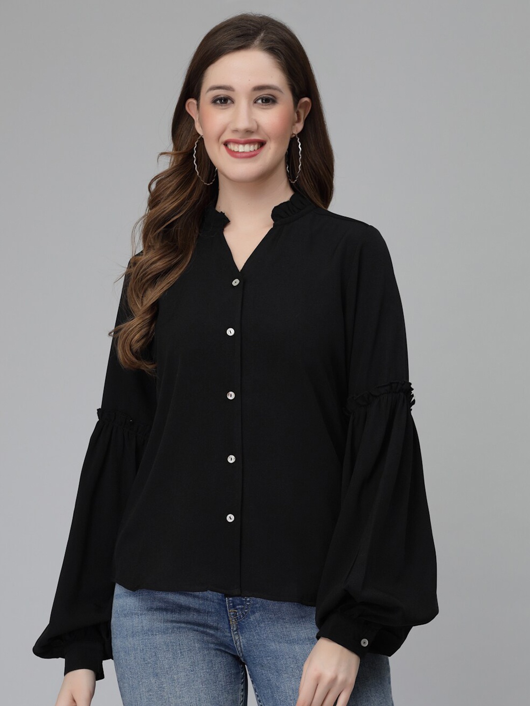 

Wool Trees Mandarin Collar Long Sleeves Casual Shirt, Black