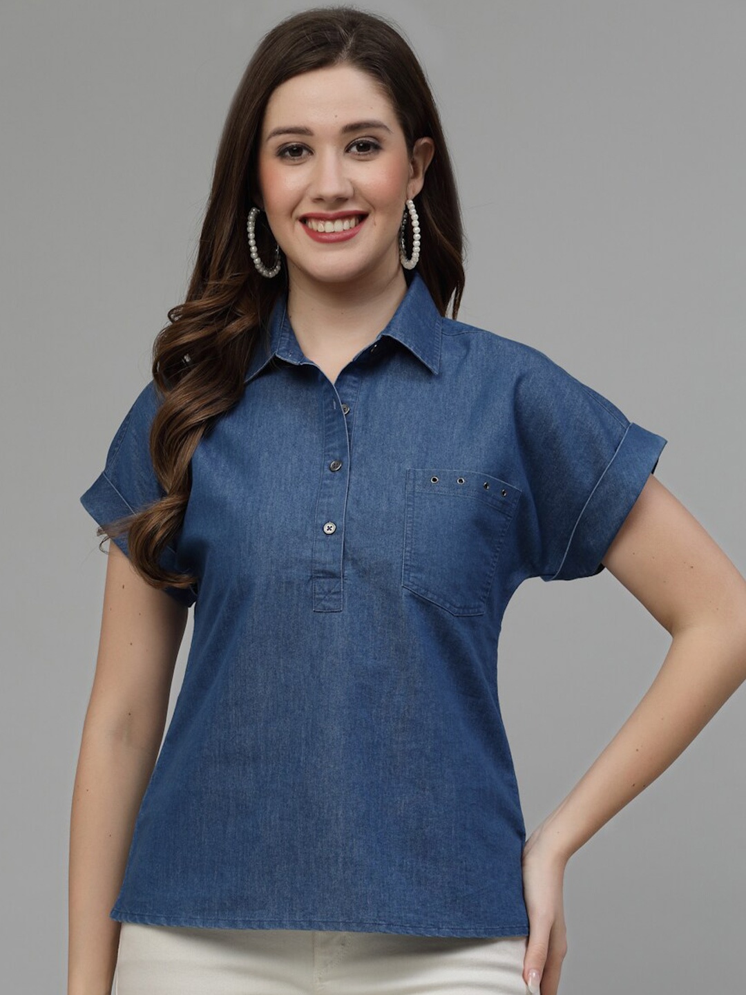 

Wool Trees Spread Collar Denim Shirt Style Top, Blue