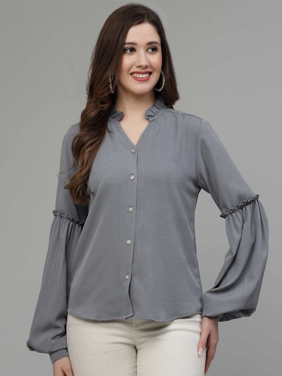 

Wool Trees Mandarin Collar Long Sleeves Casual Shirt, Grey