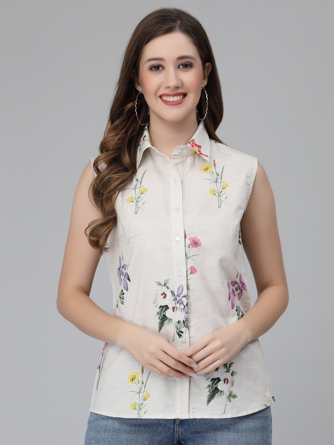 

Wool Trees Floral Printed Spread Collar Sleeveless Casual Shirt, White
