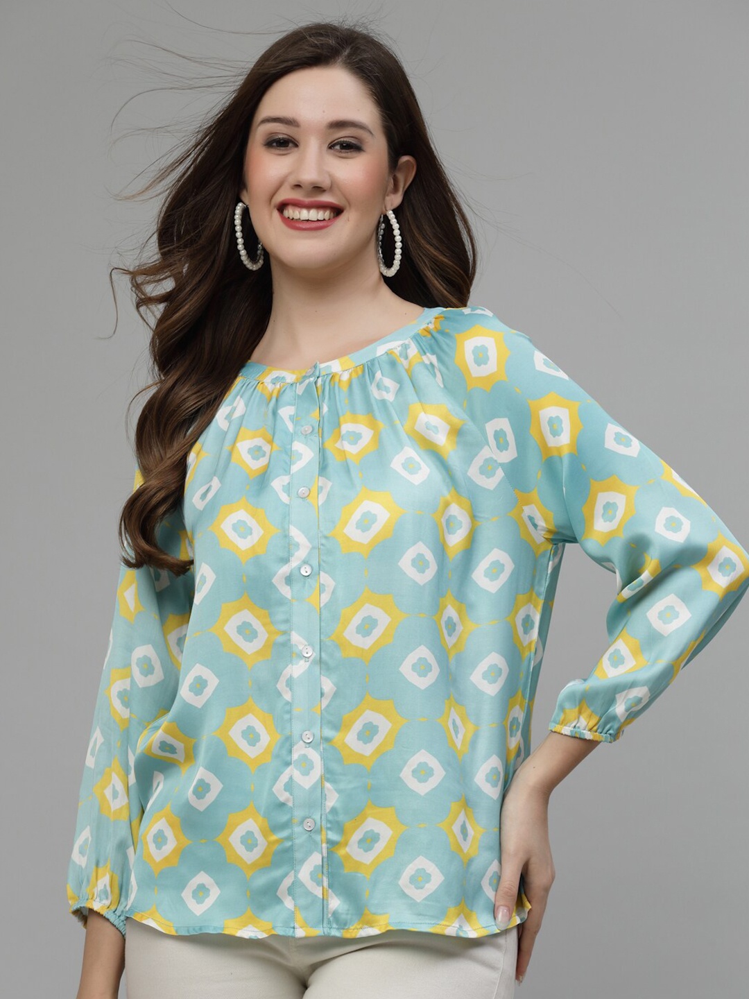 

Wool Trees Geometric Printed Collarless Casual Shirt, Turquoise blue