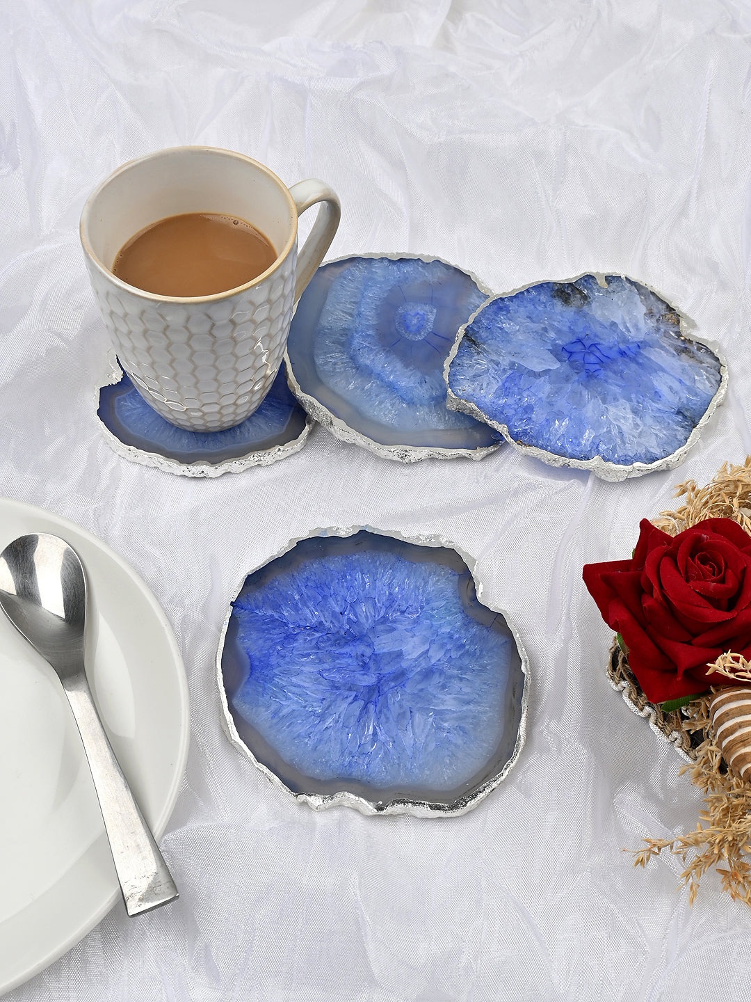 

HOMEARTE Blue & Grey Toned 4 Pieces Edge Agate Stone Coasters