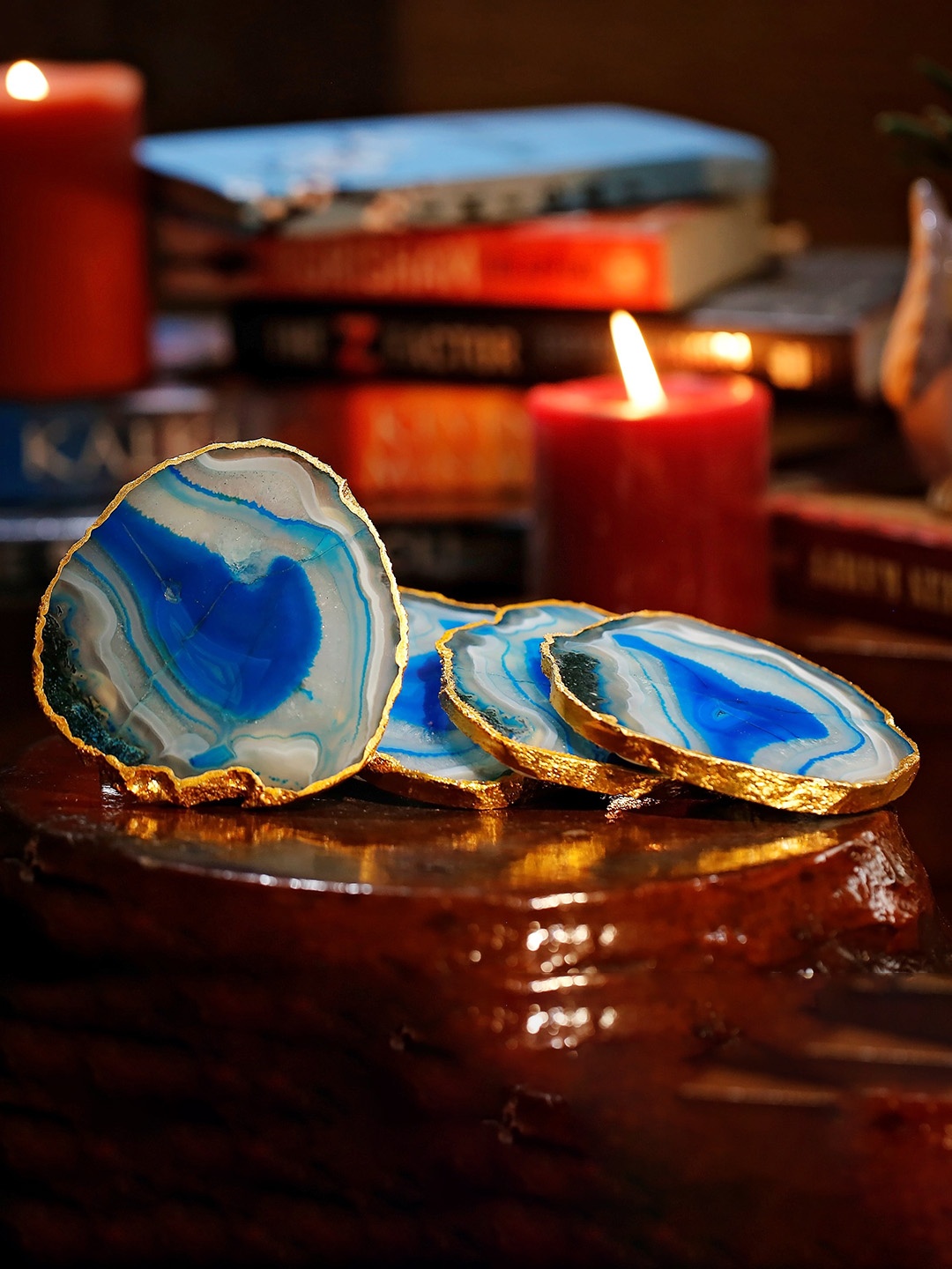 

HOMEARTE Blue & Gold Toned 4 Pieces Printed Agate Stone Coasters