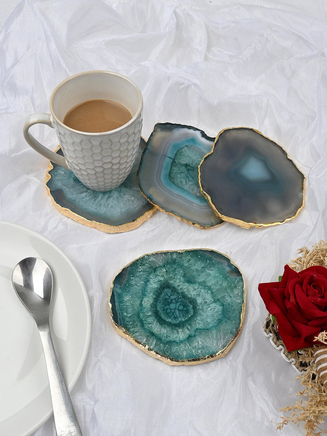 

HOMEARTE Green & Beige 4 Pieces Printed Agate Stone Coasters