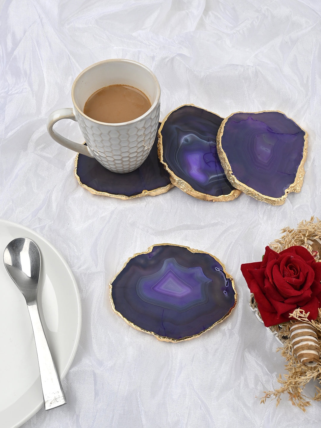 

HOMEARTE Purple & Gold Toned 4 Pieces Printed Agate Stone Coasters