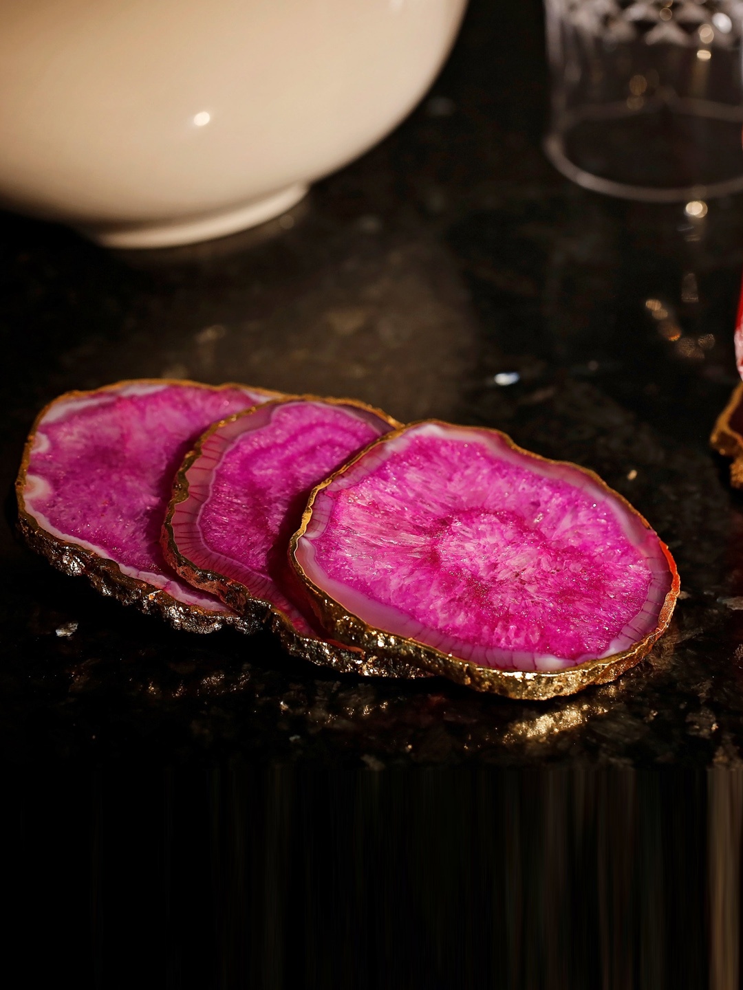 

HOMEARTE Pink & Gold Toned 4 Pieces Printed Agate Stone Coasters