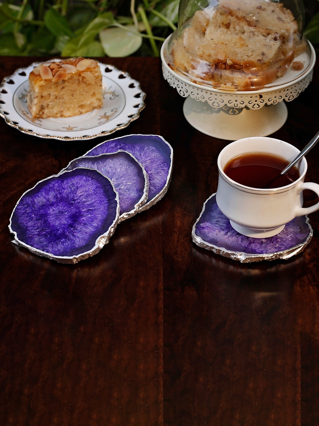 

HOMEARTE Purple & Silver Toned 4 Pieces Edge Printed Agate Stone Coasters