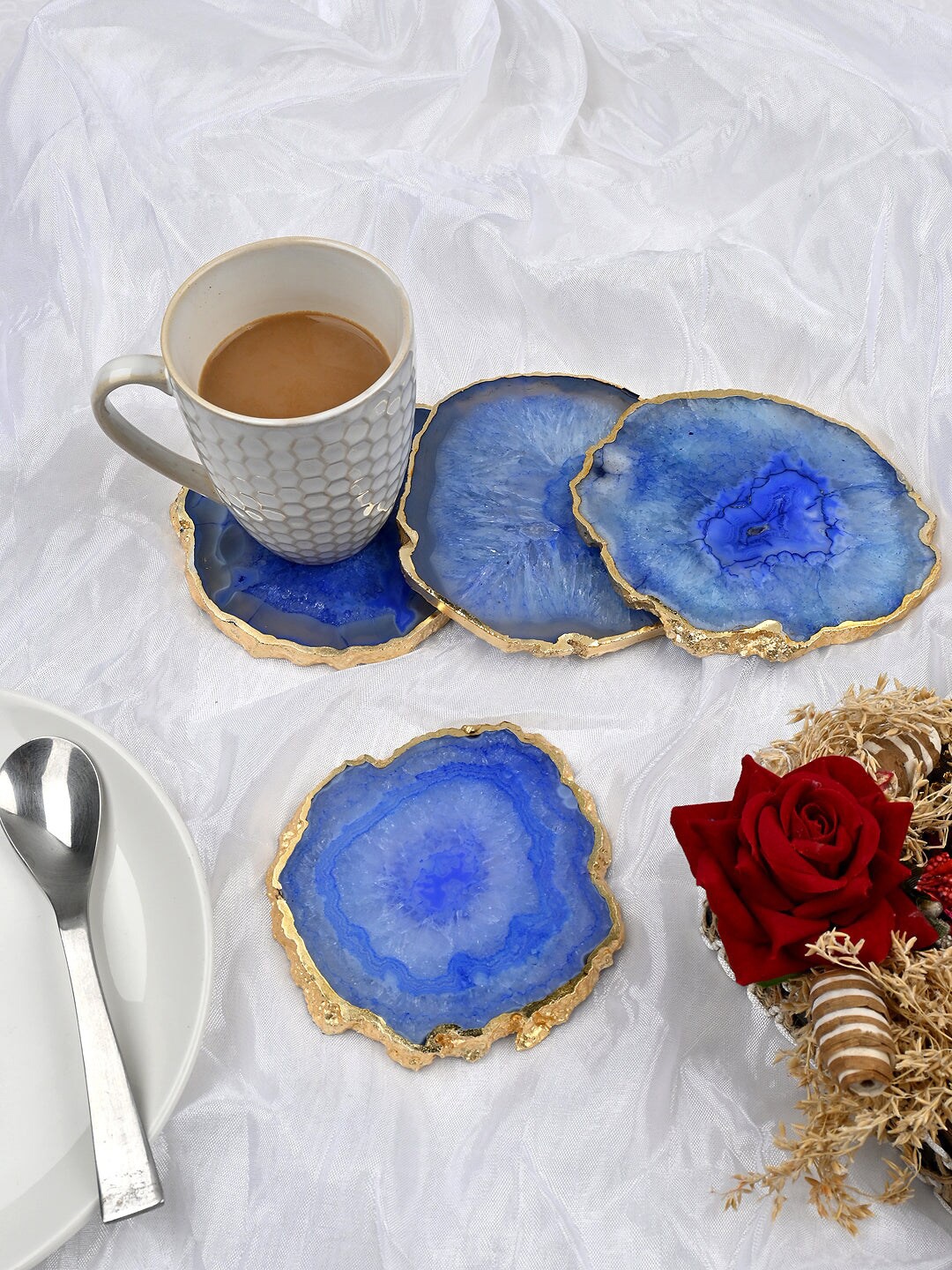 

HOMEARTE Blue & Beige 4 Pieces Edge Printed Agate Stone Coasters