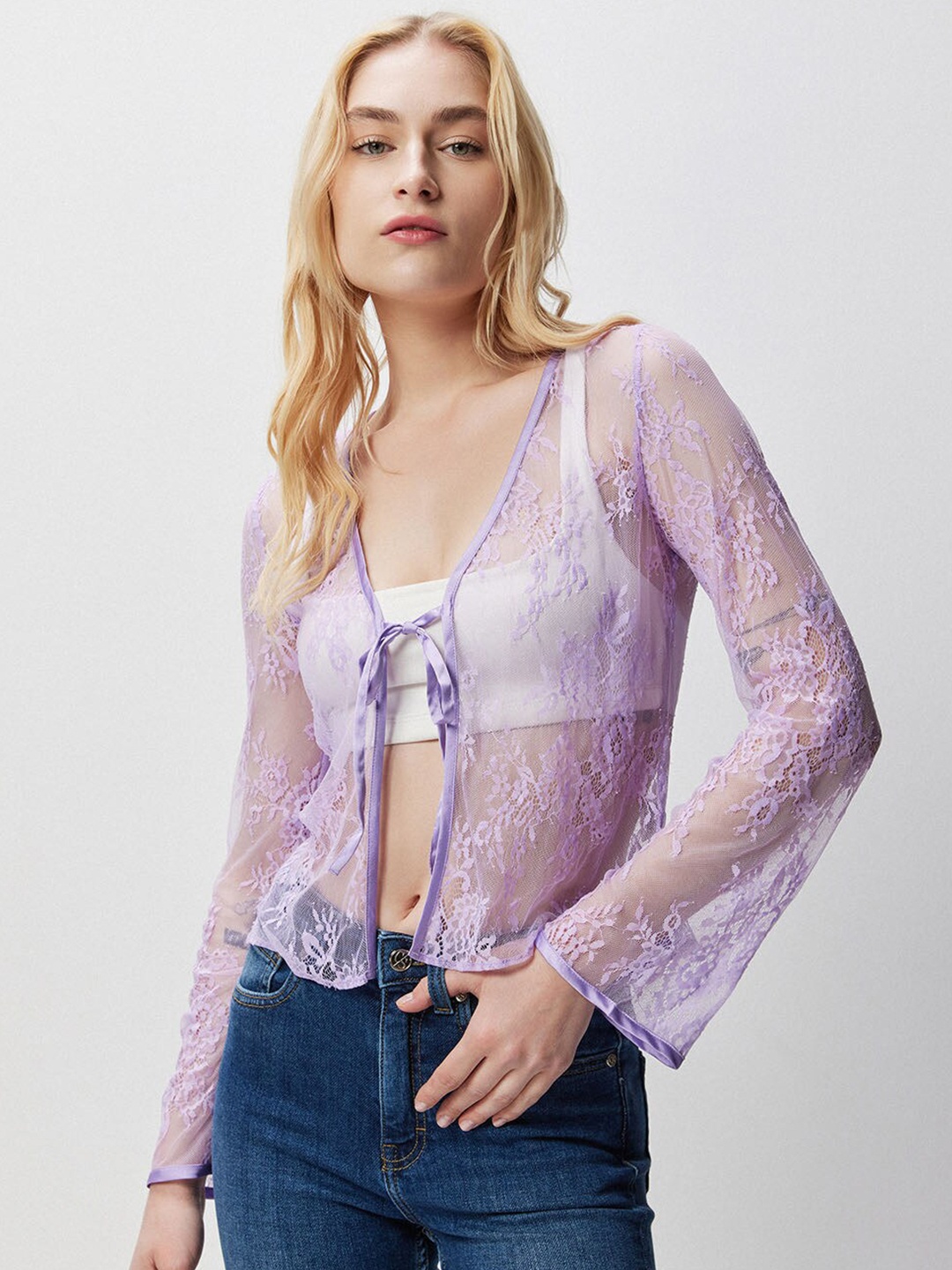 

COVER STORY Lavender Lace-Sheer Tie-Up Shrug