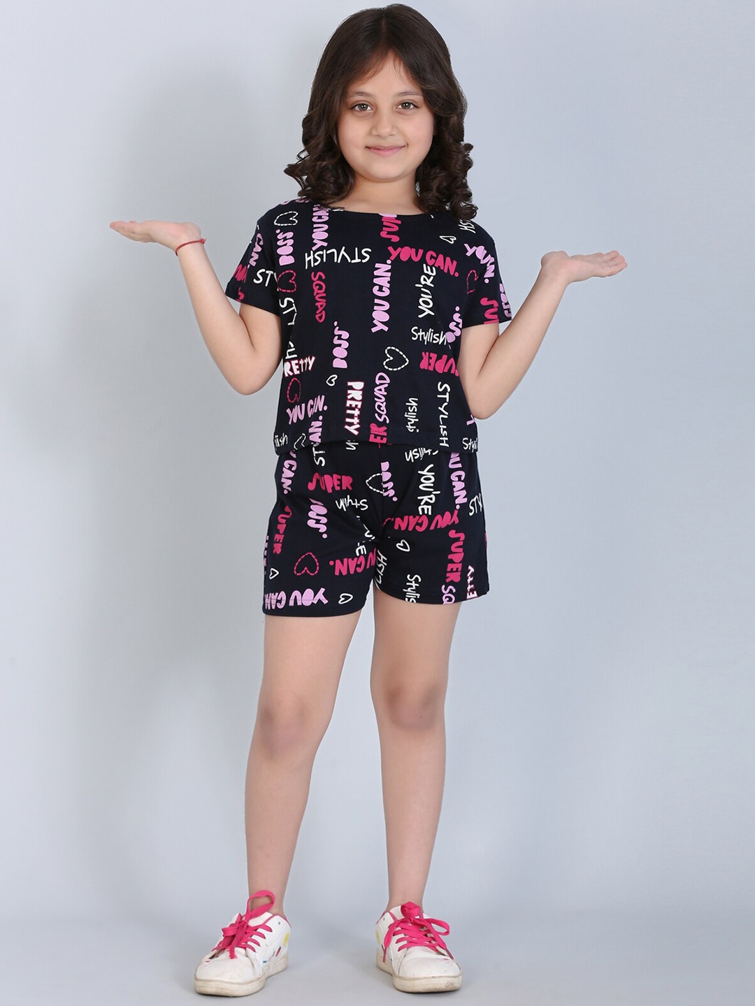 

Ninos Dreams Girls Typography Printed Pure Cotton T-shirt With Shorts, Navy blue